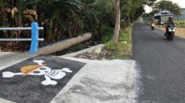 Sebuah mural bendera bajak laut dalam anime One Piece digambar  warga di jembatan RT. 7 RW. 1, Dusun Kandangan, Desa Kepuhkembang, Kecamatan Peterongan, Kabupaten Jombang. FOTO ANANG