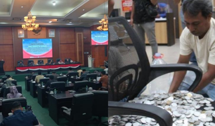 MIRIS: Pemkab Jombang tega menaikkan tunjangan DPRD di tengah warganya berebut dispensasi pembayaran  PBB P2. Foto saat sidang paripurna (kiri) dan warga Jombang saat membayar PBB P2 di Kantor Bapenda menggunakan uang koin sebagai bentuk protes. DOK MITRAMEDIA