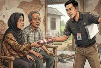 Ilustrasi oknum wartawan di Jombang mengaku pengacara dan tipu buruh tani asal Bareng. (AI/MITRAMEDIA) 