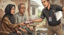 Ilustrasi oknum wartawan di Jombang mengaku pengacara dan tipu buruh tani asal Bareng. (AI/MITRAMEDIA) 